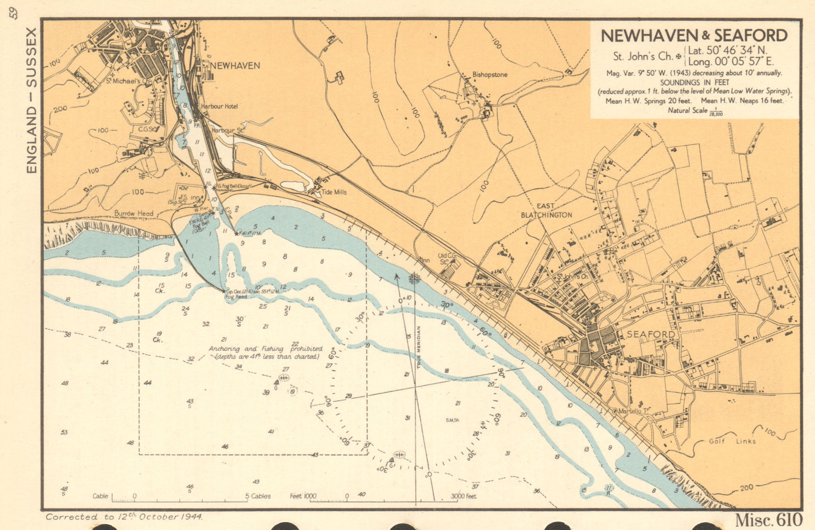 Newhaven & Seaford town plan & sea coast chart. Sussex. ADMIRALTY 1944 old map